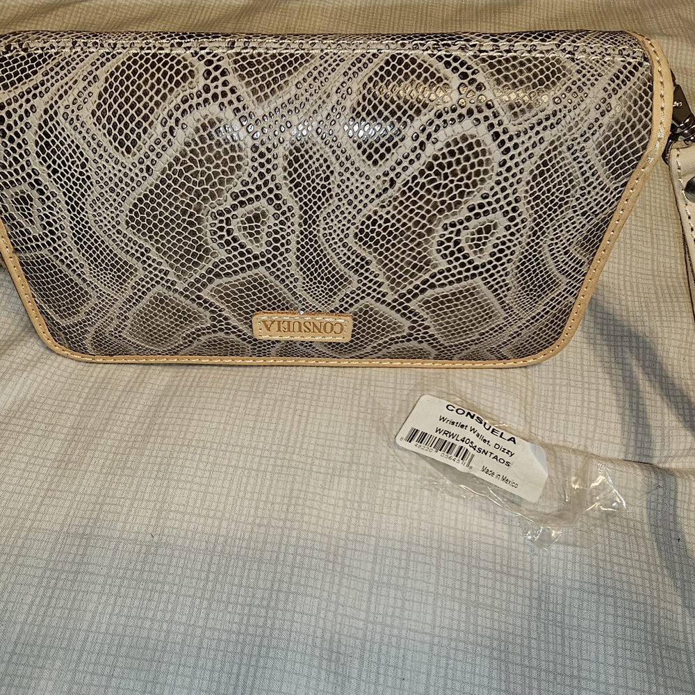 Consuela Dizzy Snake Print Clutch/Wristlet with Tan Trim New never Used